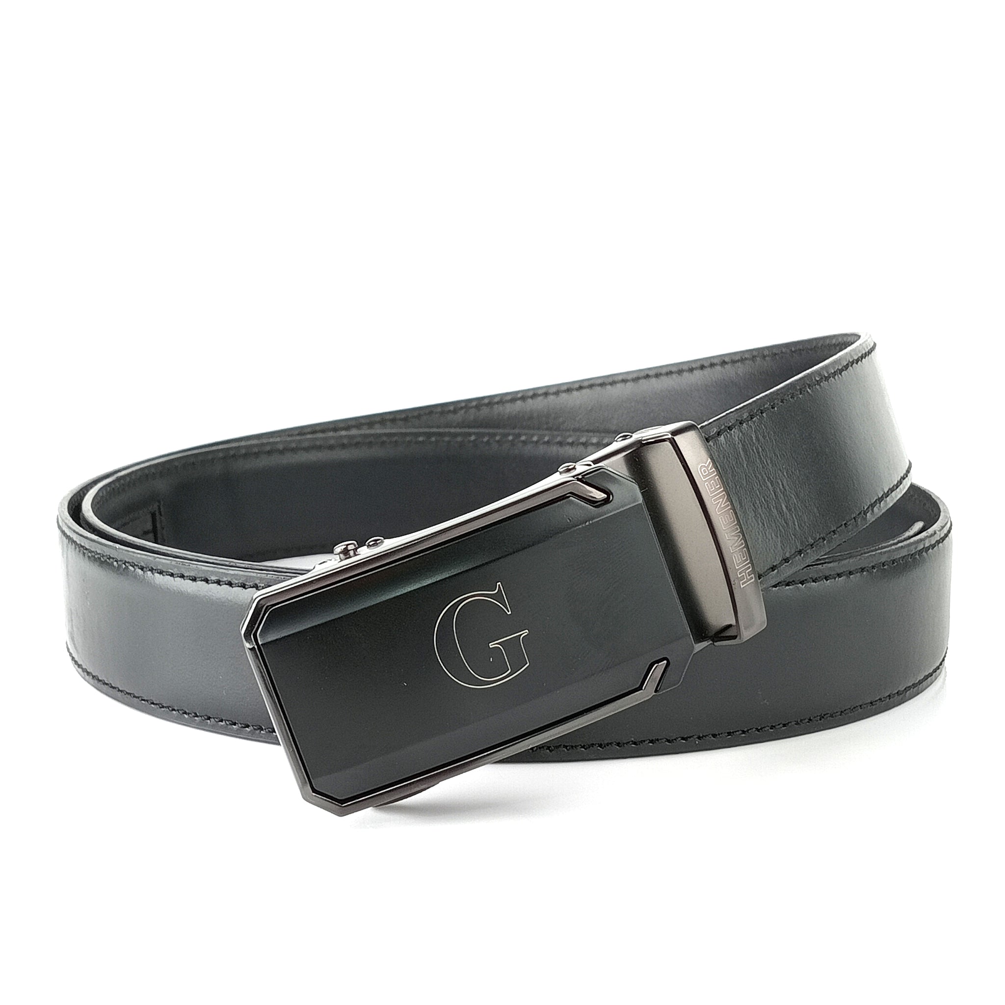 Hemener Men G Letter Metal Buckle Black Genuine Leather Belt