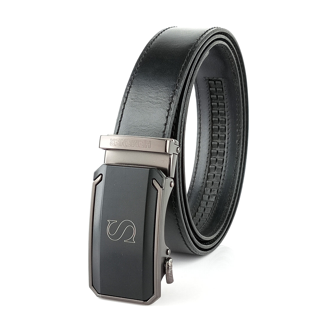 Hemener Men  S Letter Metal Buckle Black Genuine Leather