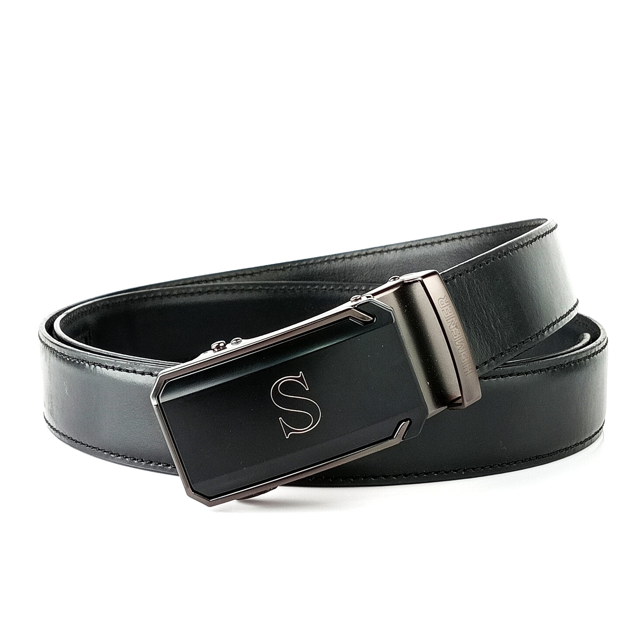 Hemener Men  S Letter Metal Buckle Black Genuine Leather