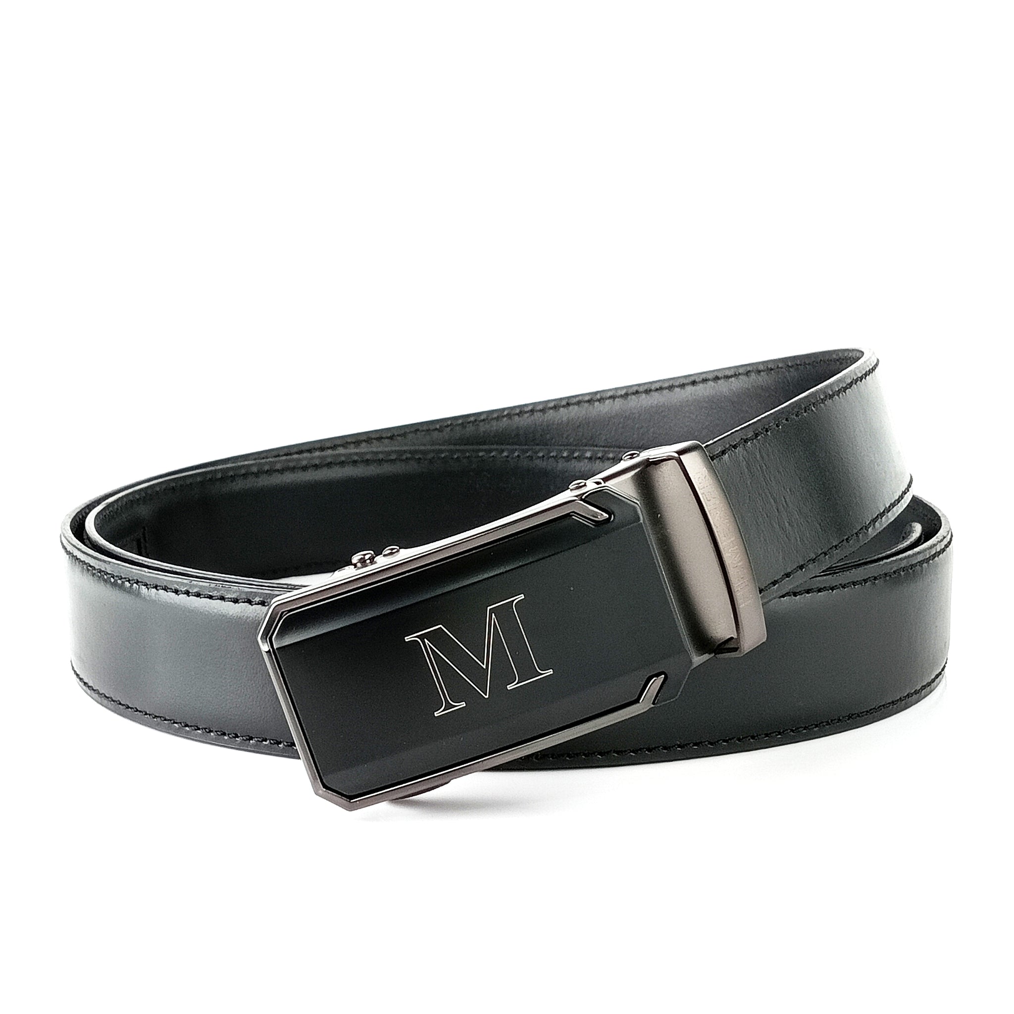 Hemener Men M Letter Metal Buckle Black Genuine Leather Belt