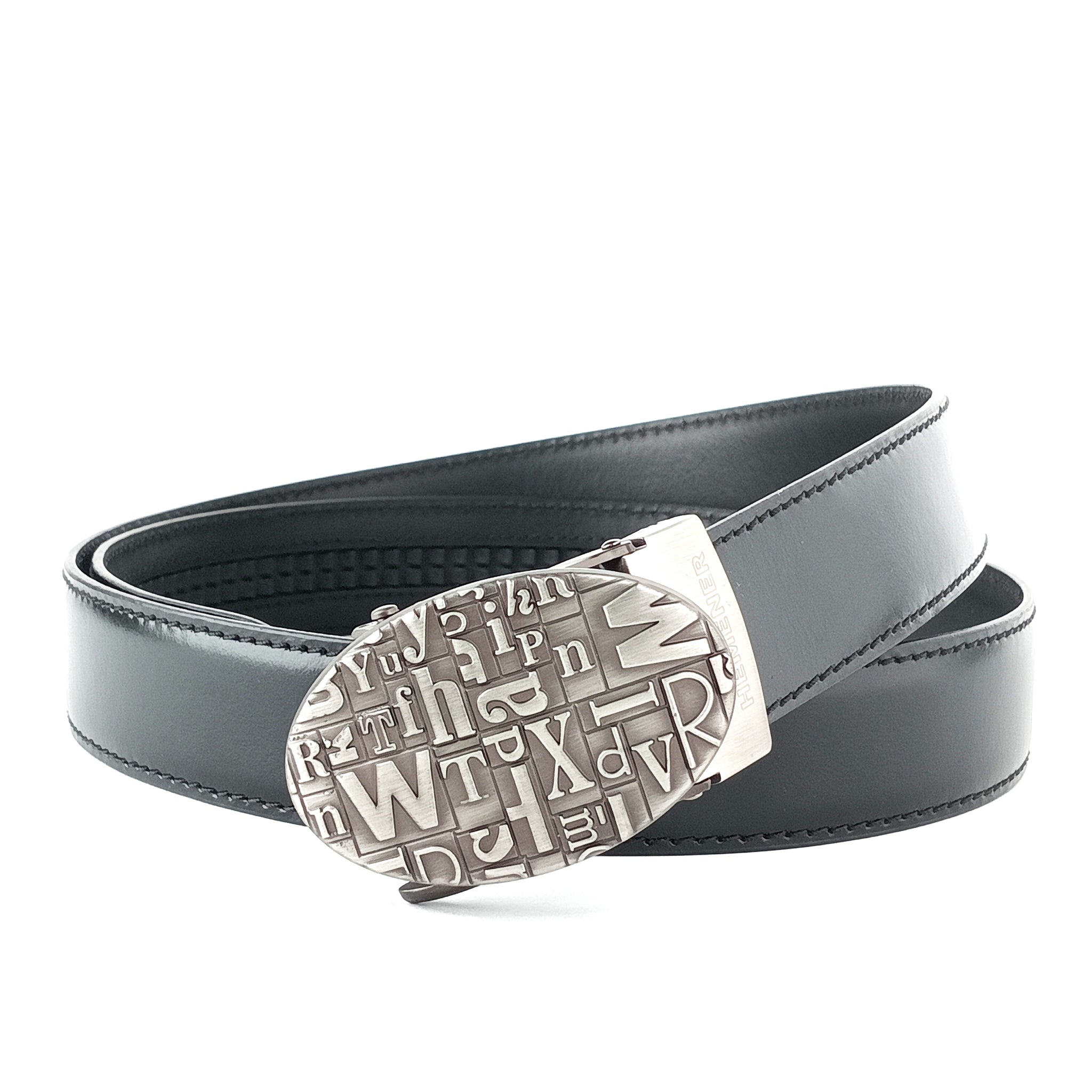 Hemener Men Matte Finish Metal Embassed Buckle Black Genuine Leather Belt