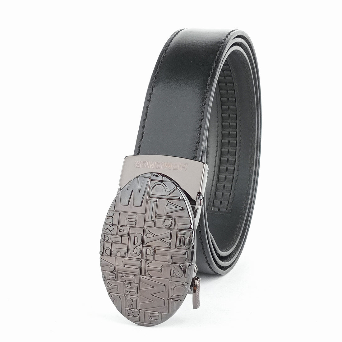 Hemener Men Glossy Finish Metal Buckle Black Genuine Leather Belt