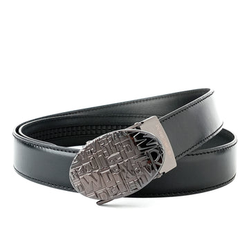 Hemener Men Glossy Finish Metal Buckle Black Genuine Leather Belt