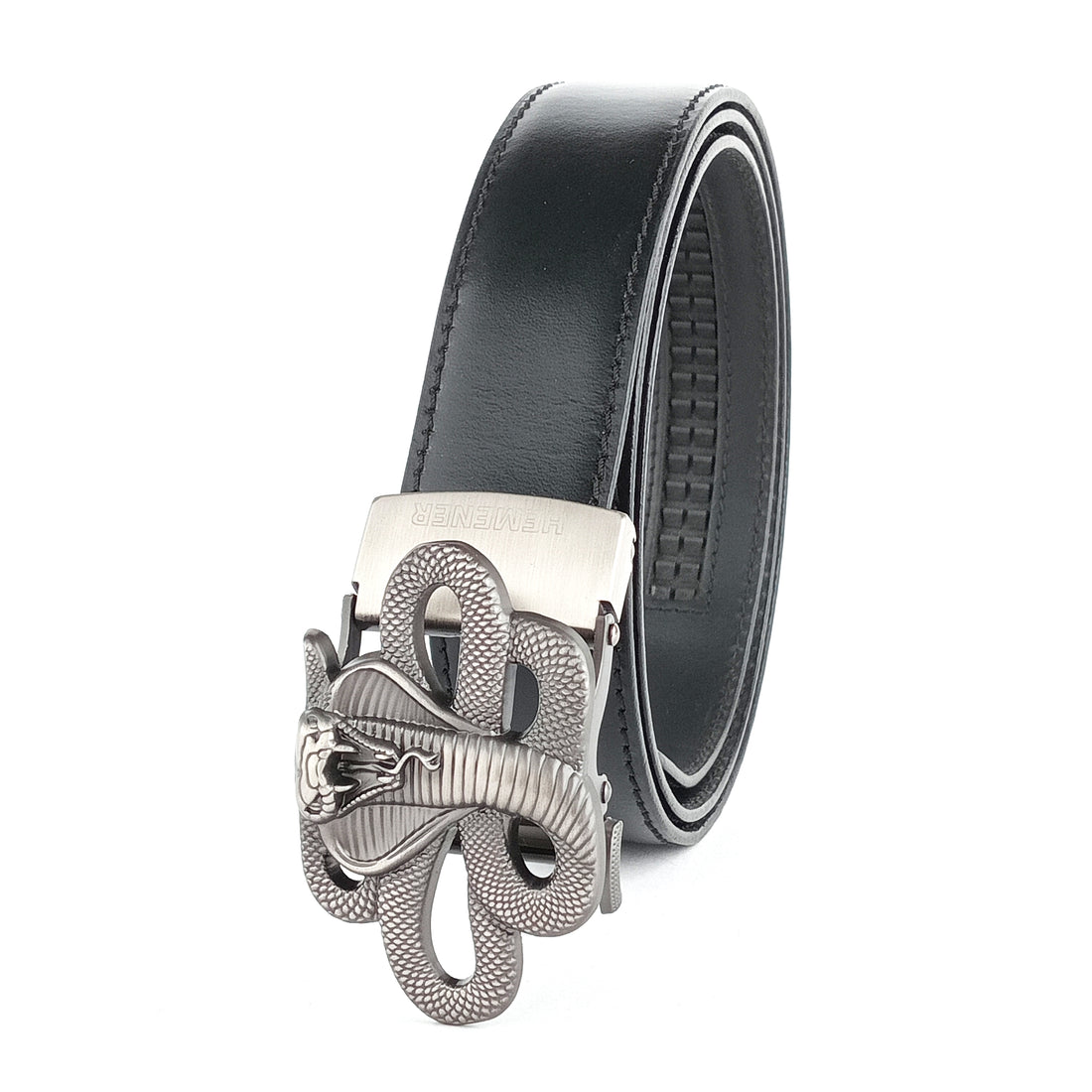 Hemener Men Matte Finish Metal Buckle Black Genuine Leather Belt