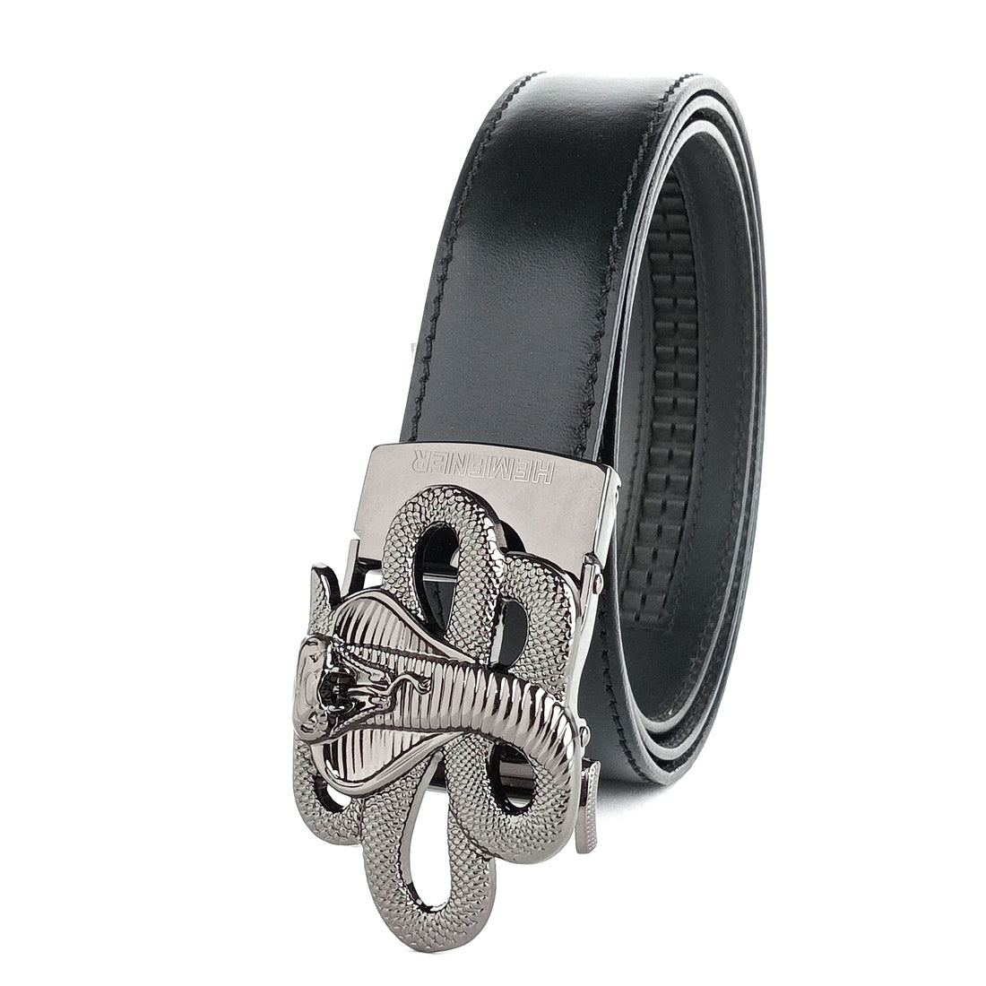 Hemener Men Glossy Finish Metal Buckle Black Genuine Leather Belt