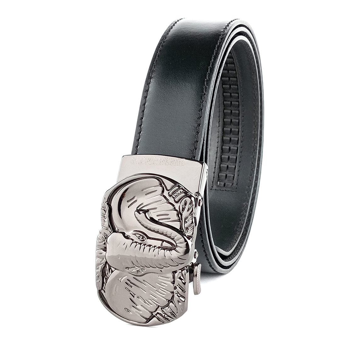 Hemener Men Glossy Finish Metal Buckle Black Genuine Leather Belt