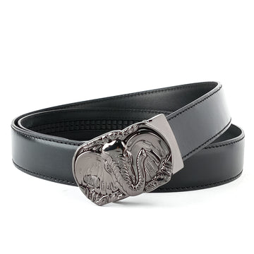 Hemener Men Glossy Finish Metal Buckle Black Genuine Leather Belt