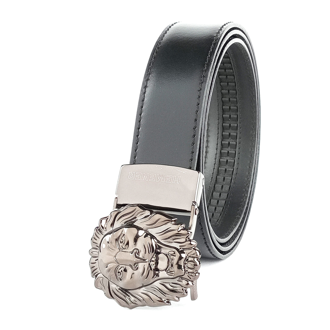 Hemener Men Glossy Finish Metal Buckle Black Genuine Leather Belt