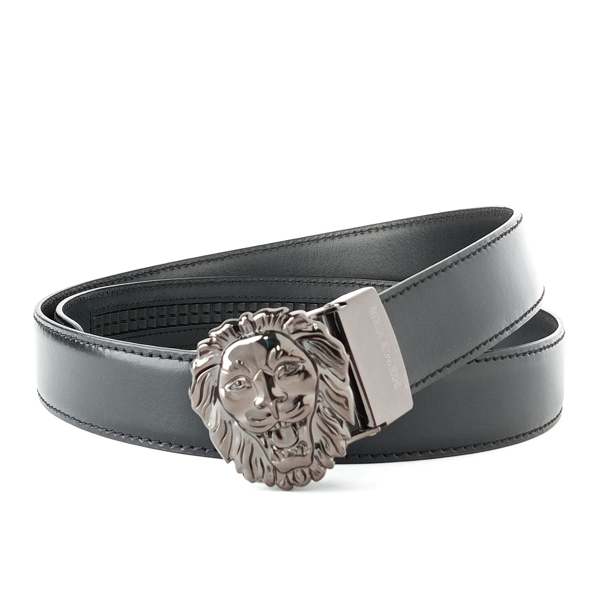 Hemener Men Glossy Finish Metal Buckle Black Genuine Leather Belt