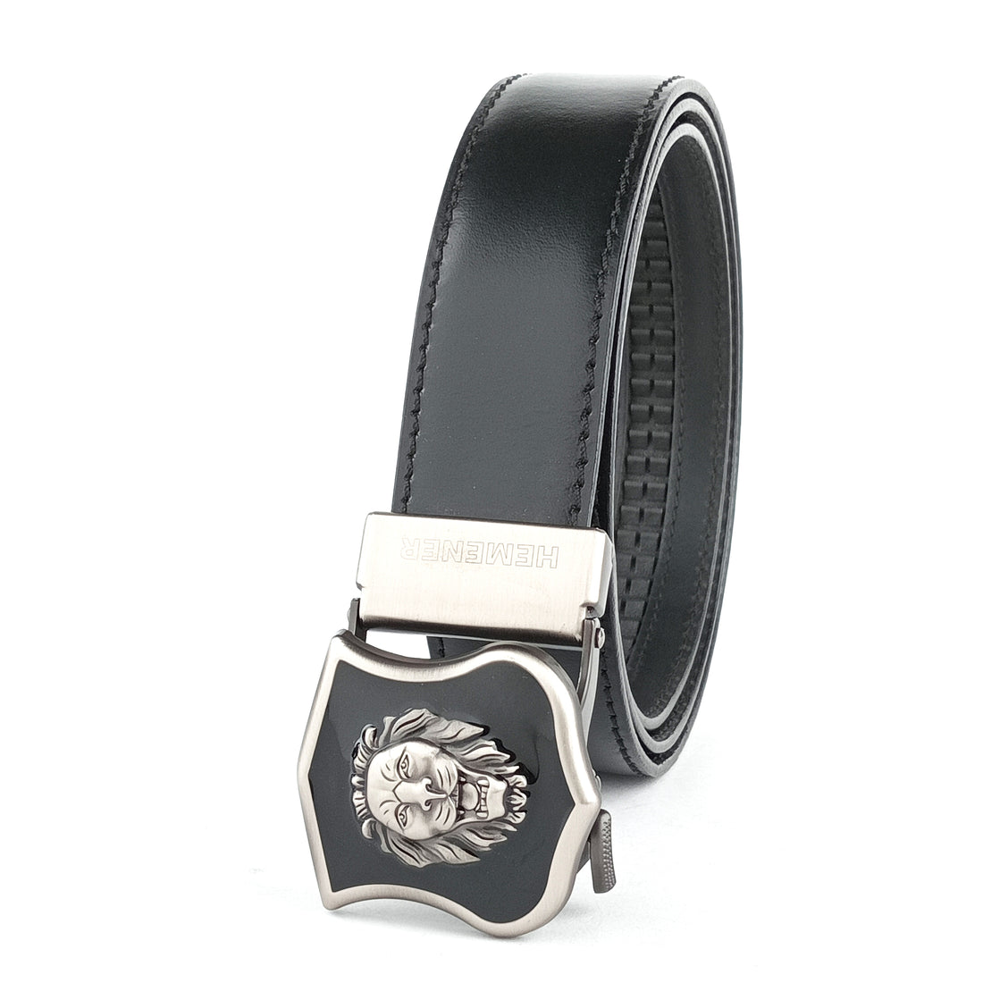 Hemener Men Matte Finish Metal Buckle Black Genuine Leather Belt