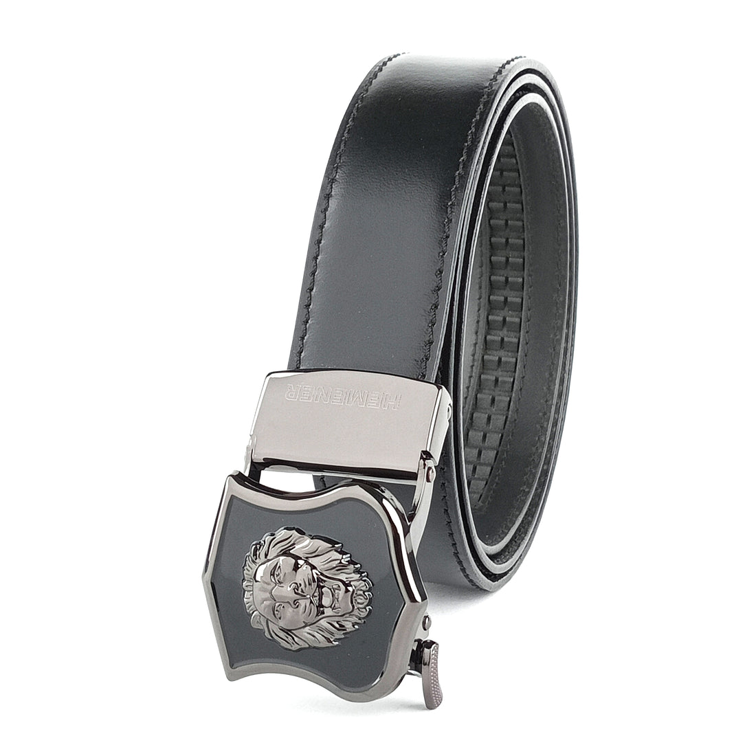 Hemener Men Glossy Finish Metal Buckle Black Genuine Leather Belt