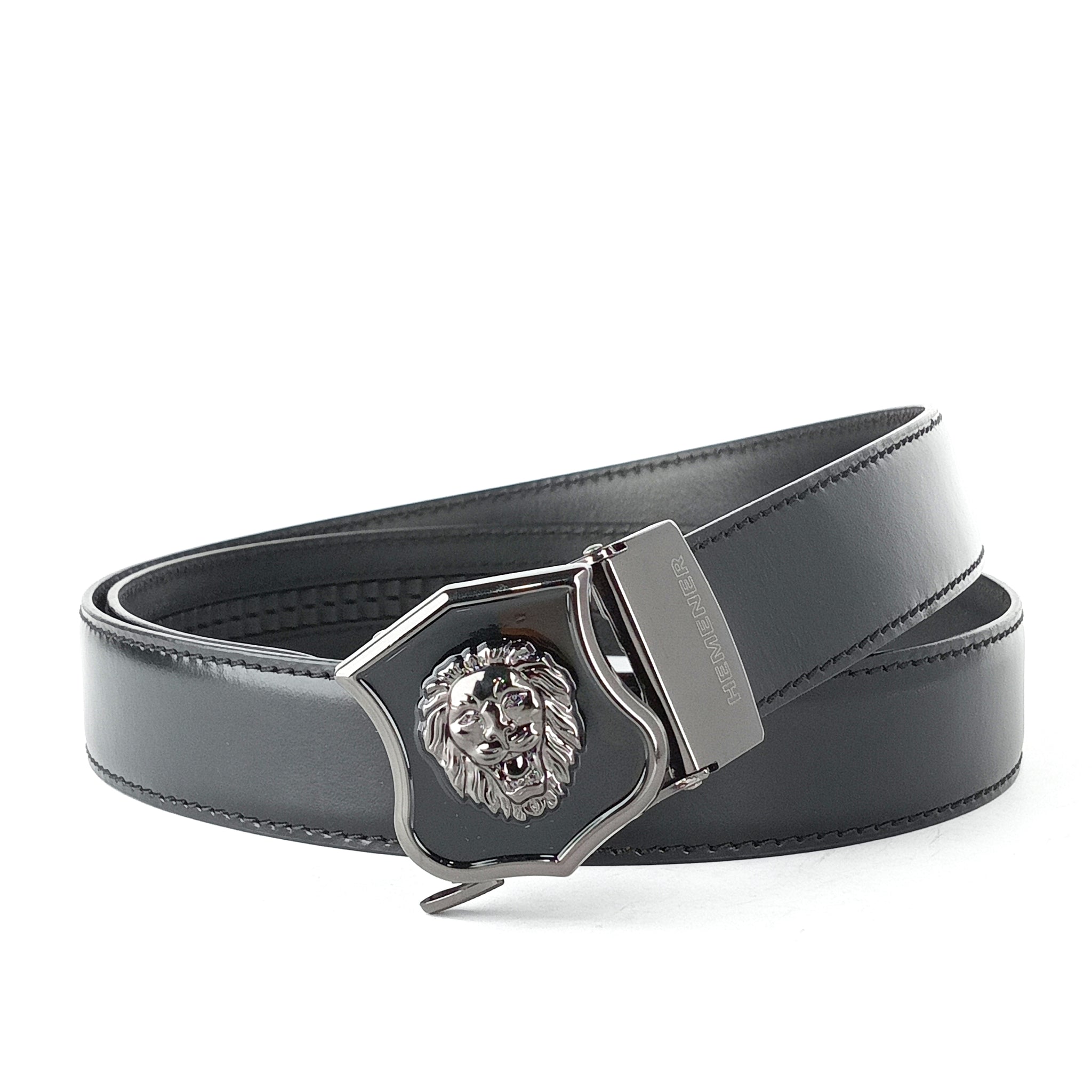 Hemener Men Glossy Finish Metal Buckle Black Genuine Leather Belt