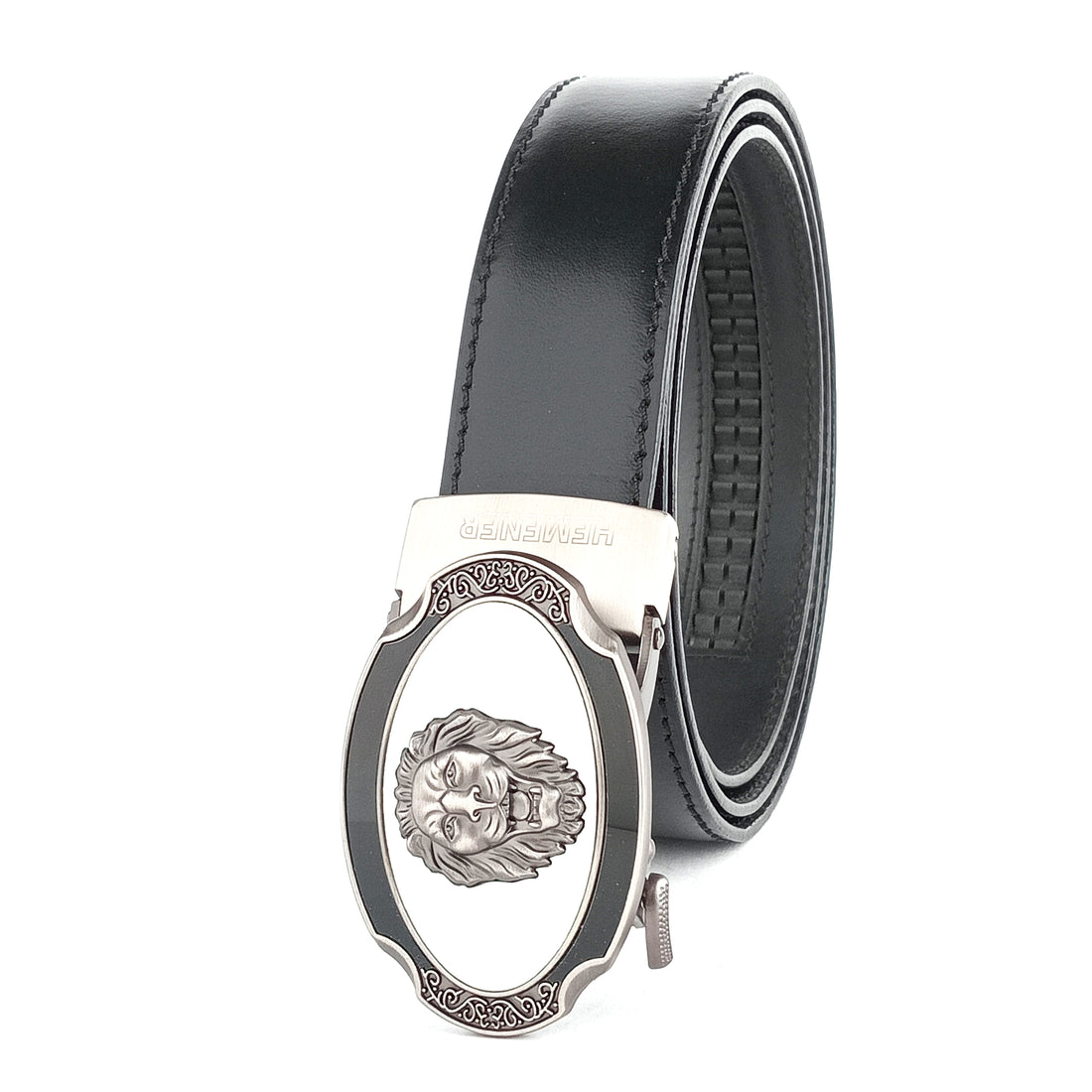 Hemener Men Matte Finish Metal Buckle Black Genuine Leather Belt