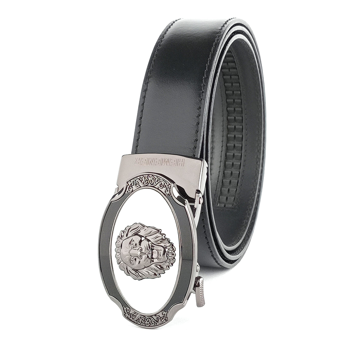 Hemener Men Glossy Finish Metal Buckle Black Genuine Leather Belt