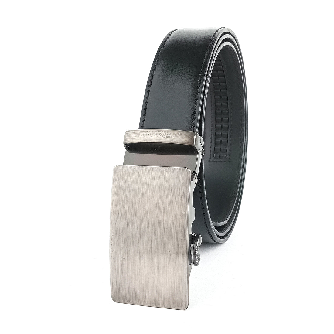 Hemener Men Matte Finish Metal Buckle Black Genuine Leather Belt