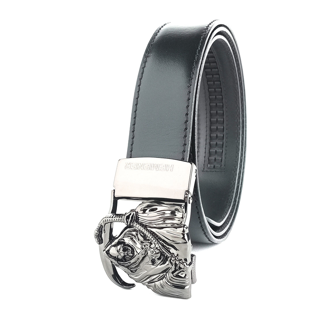 Hemener Men Glossy Finish Metal Buckle Black Genuine Leather Belt