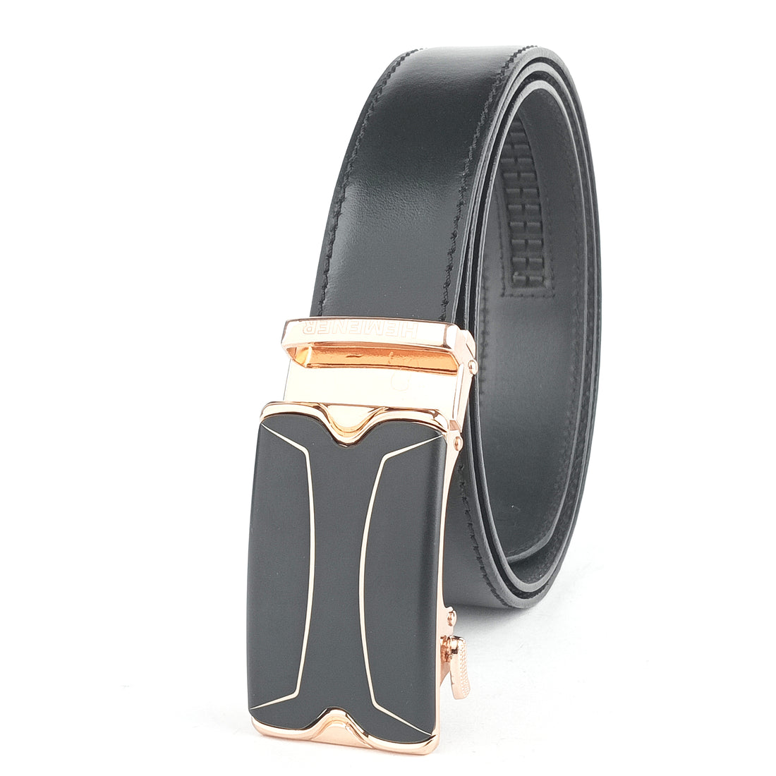 Hemener Men Metal Buckle Black Genuine Leather Belt