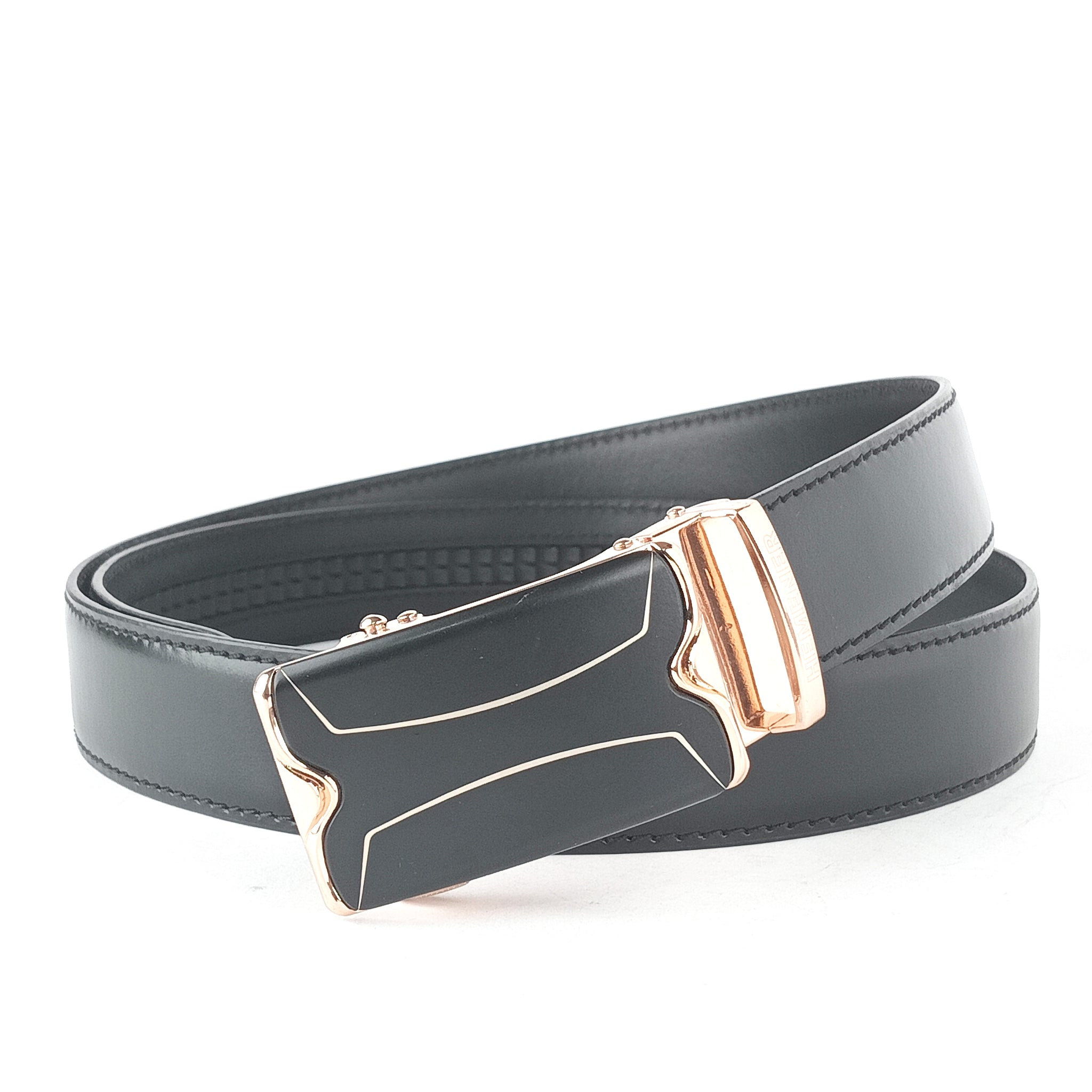 Hemener Men Metal Buckle Black Genuine Leather Belt