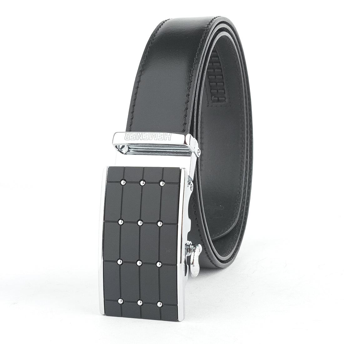 Hemener Men  Metal Buckle Black Genuine Leather Belt