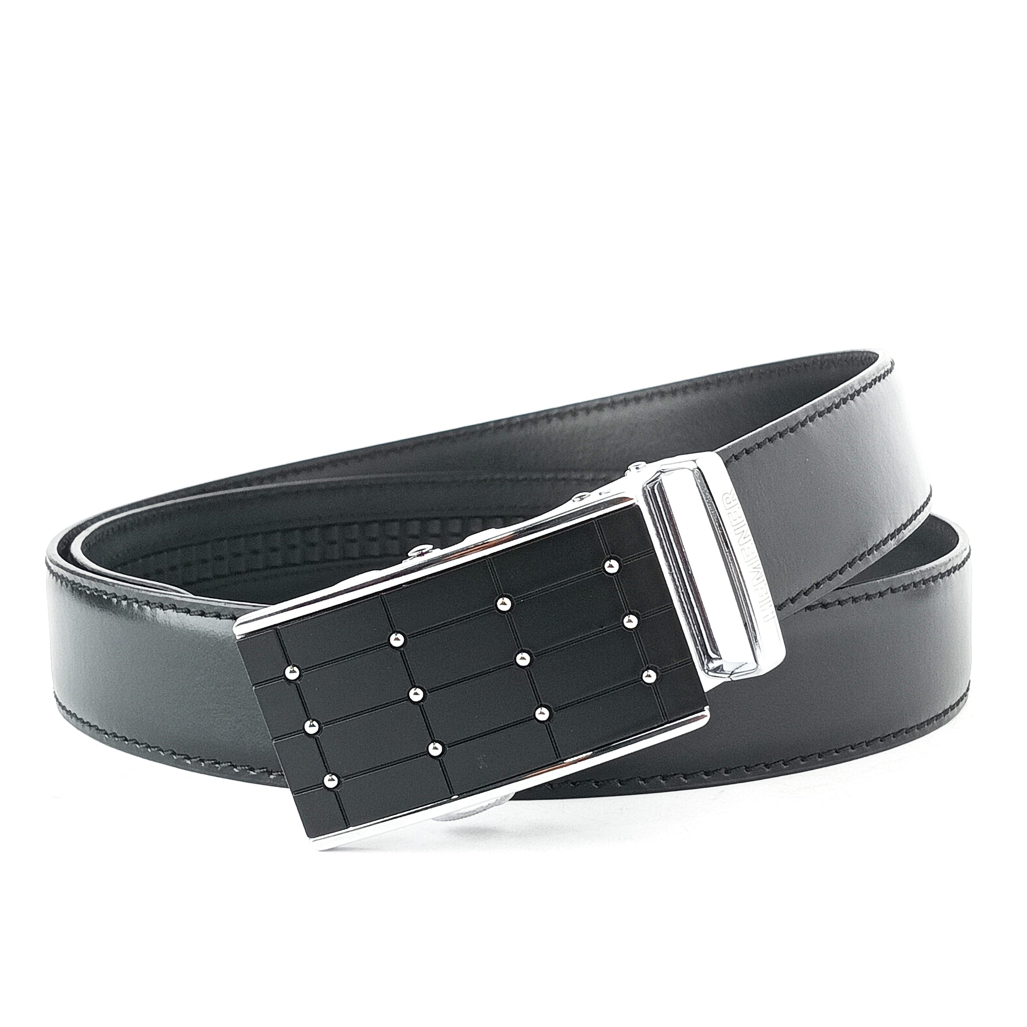 Hemener Men  Metal Buckle Black Genuine Leather Belt