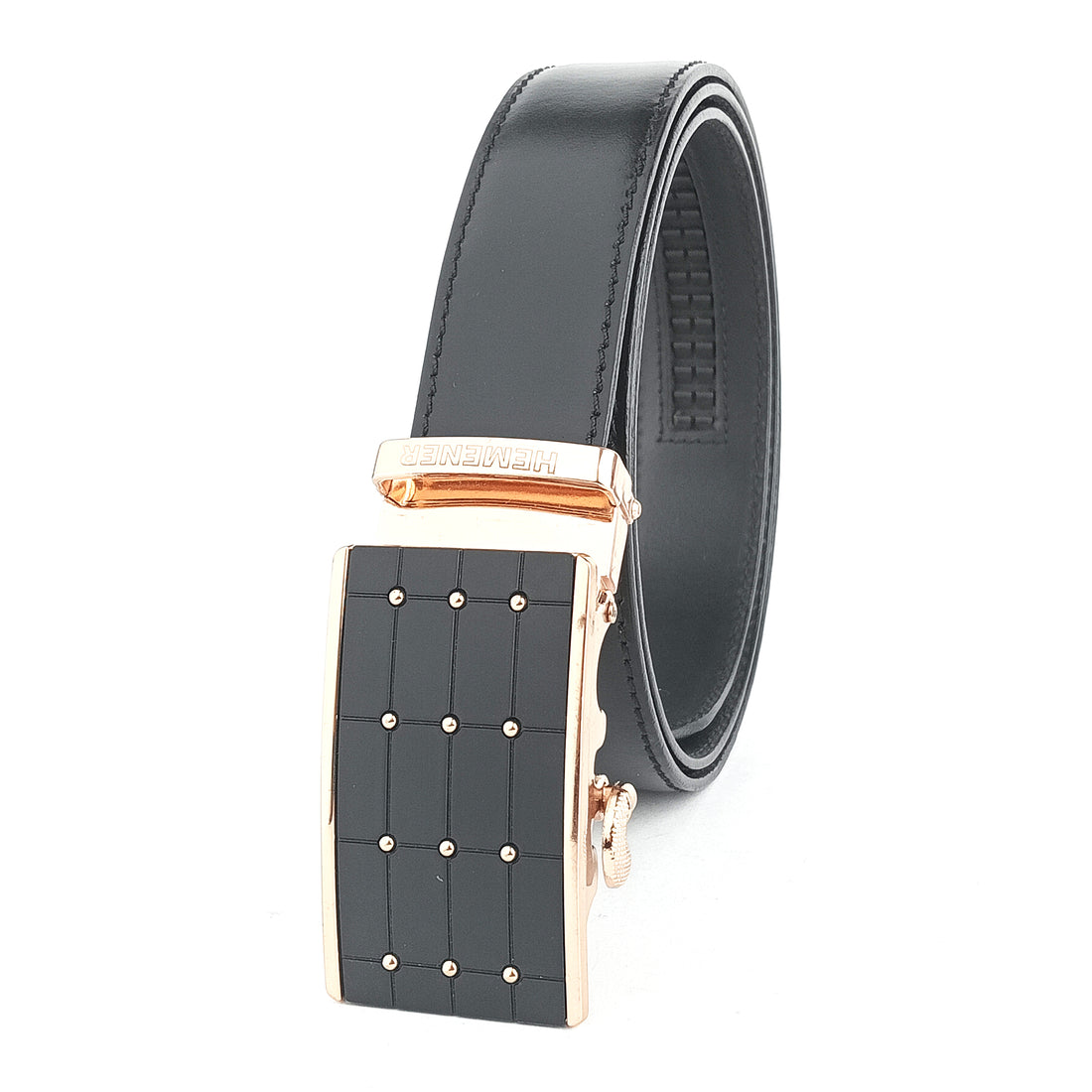 Hemener Men  Metal Buckle Black Genuine Leather Belt