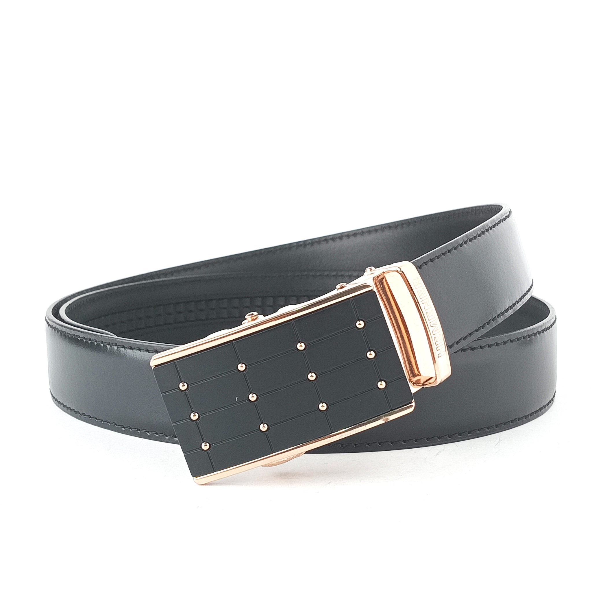 Hemener Men  Metal Buckle Black Genuine Leather Belt