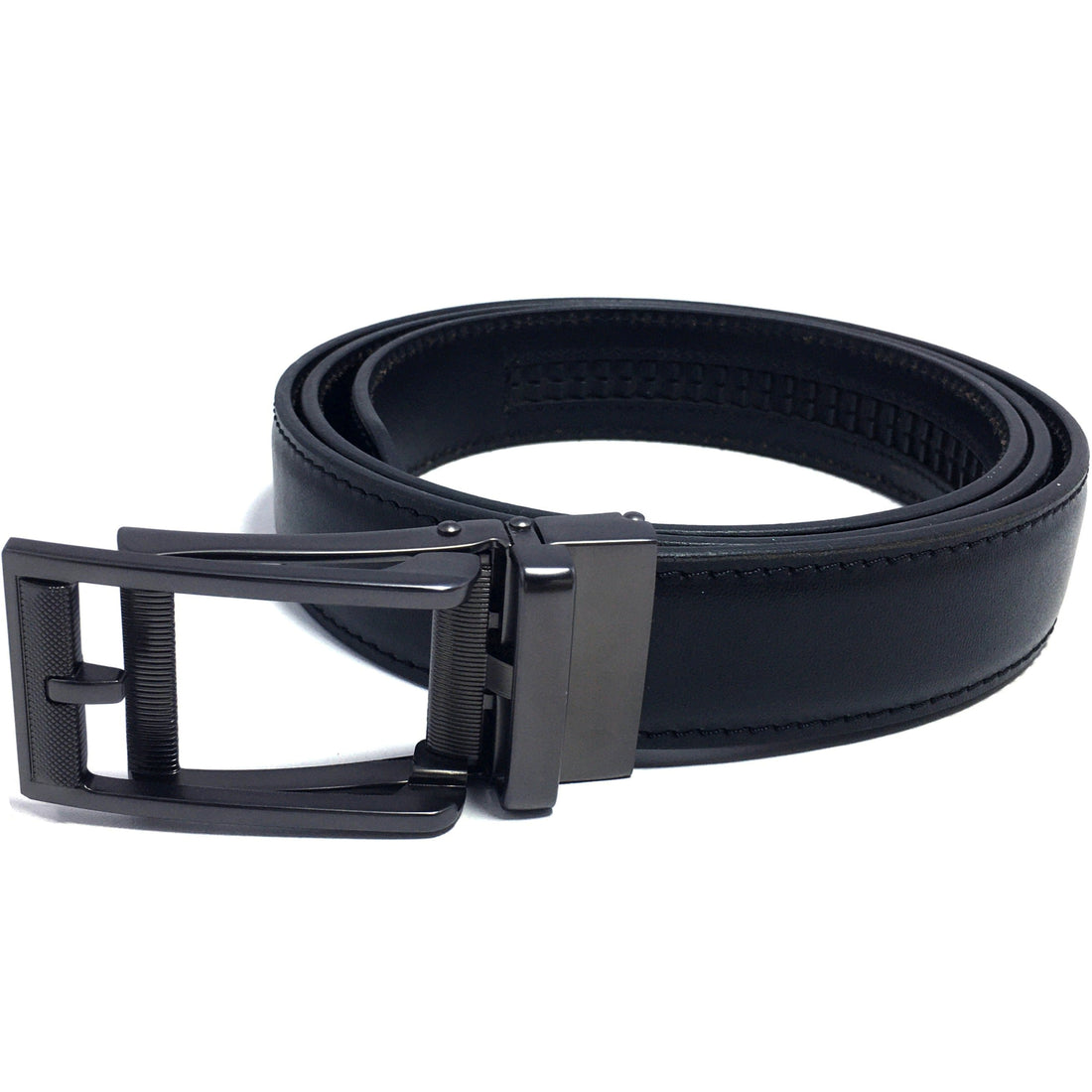 Hemener Men Metal Auto Grip Buckle Black Genuine Leather Belt
