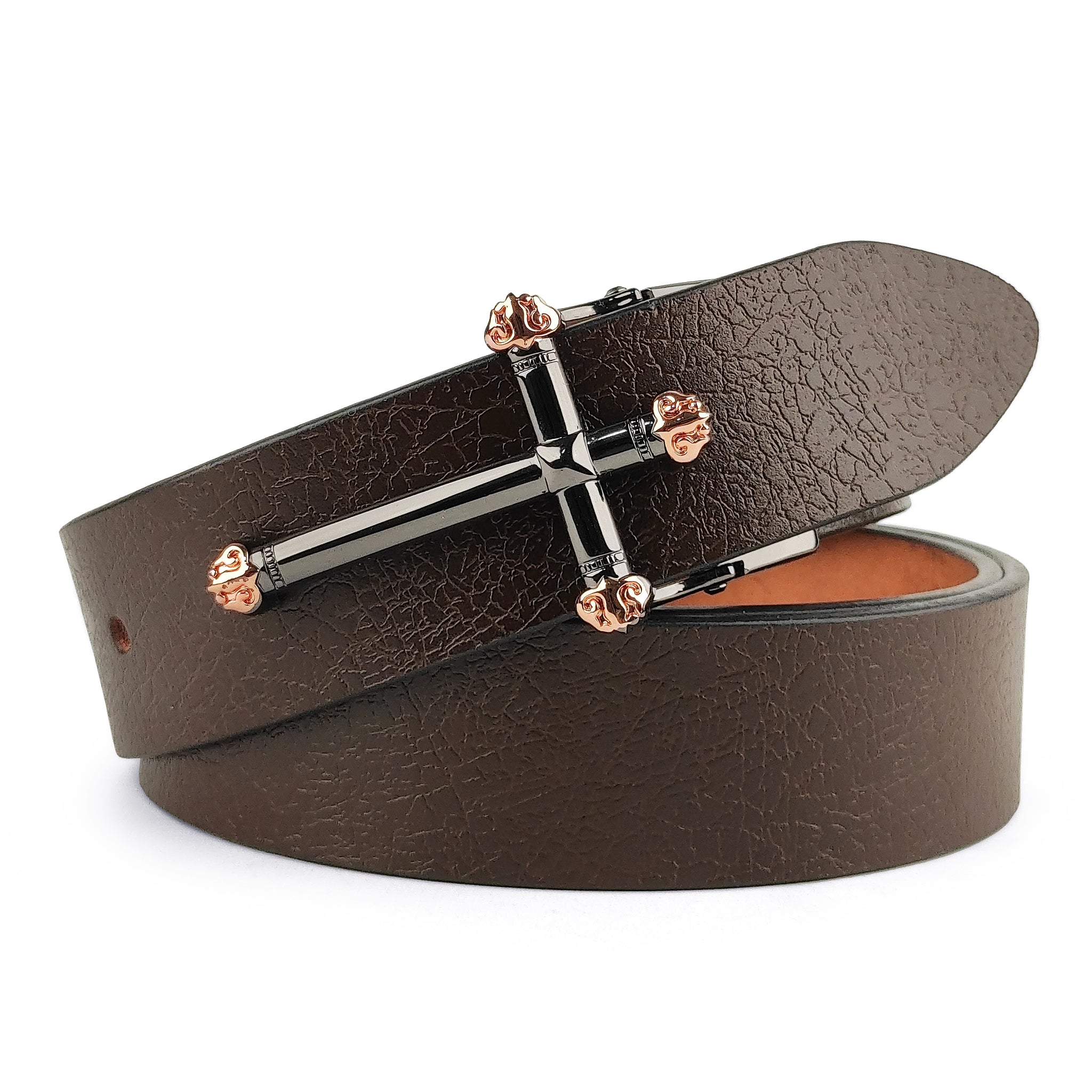 Hemener Men Metal Pin Hole Buckle Dark Brown Genuine Leather Belt