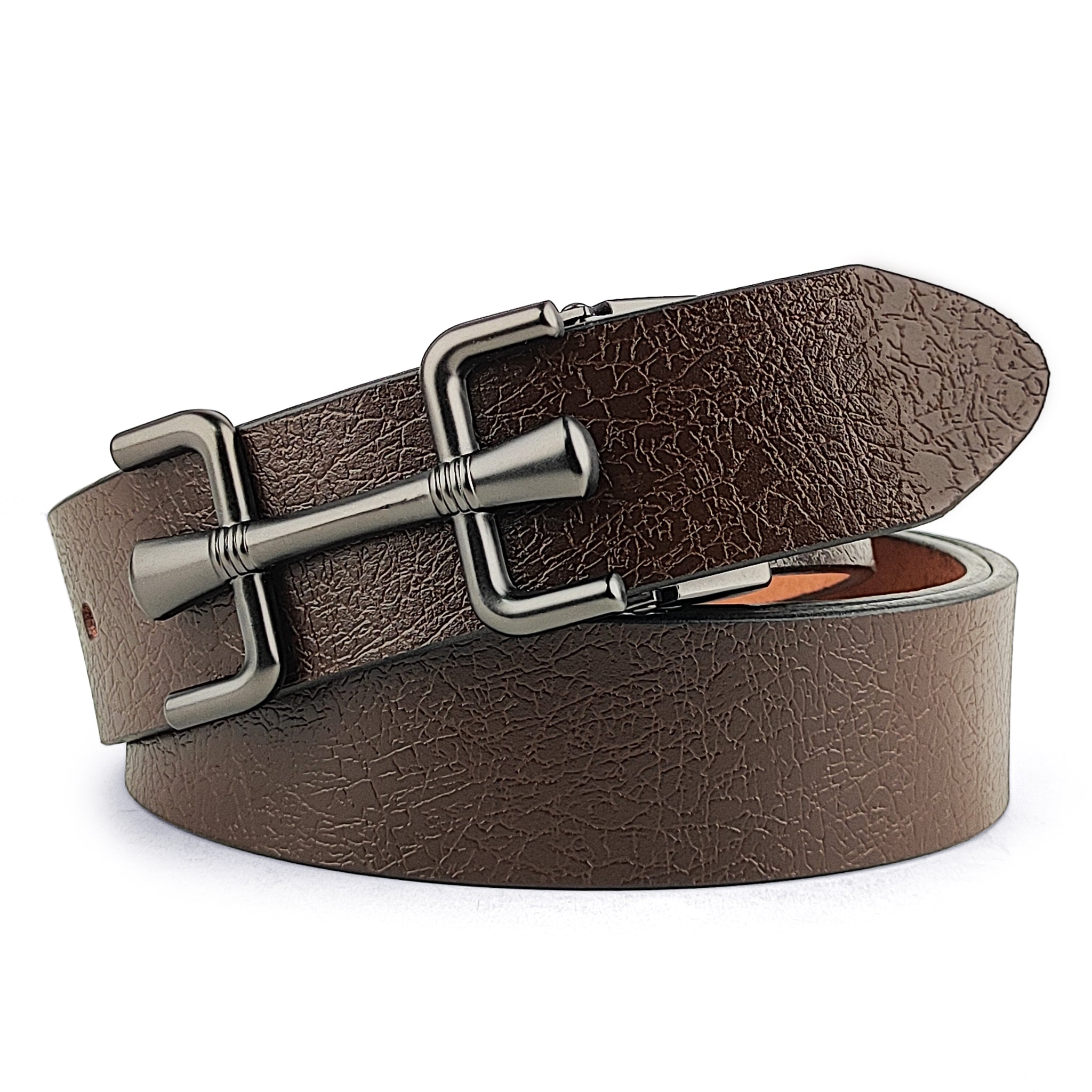 Hemener Men Metal Pin Hole Buckle Dark Brown Genuine Leather Belt