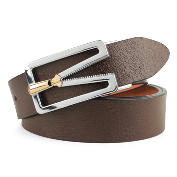 Hemener Men Metal Pin Hole Buckle Dark Brown Genuine Leather Belt