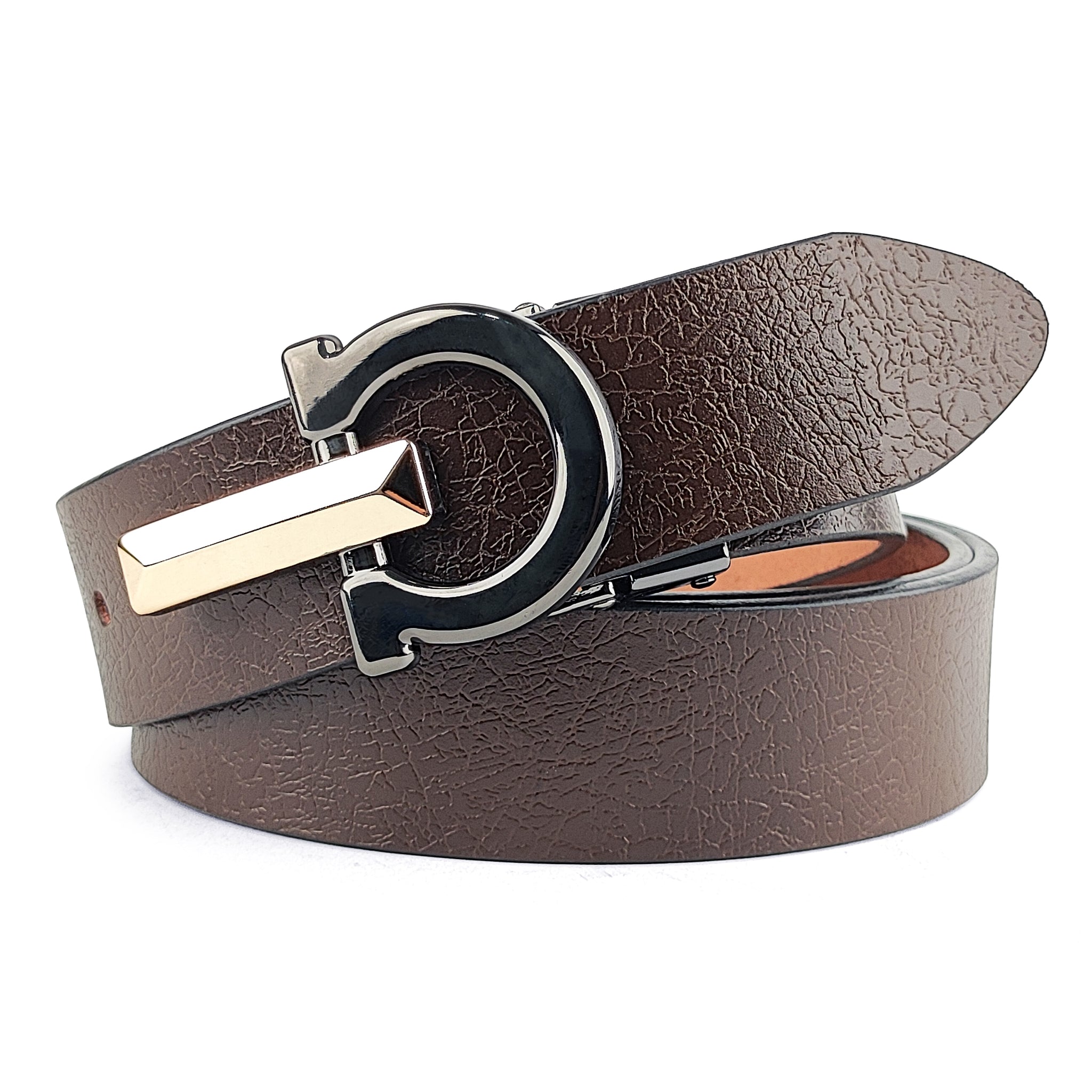 Hemener Men Metal Pin Hole Buckle Dark Brown Genuine Leather Belt