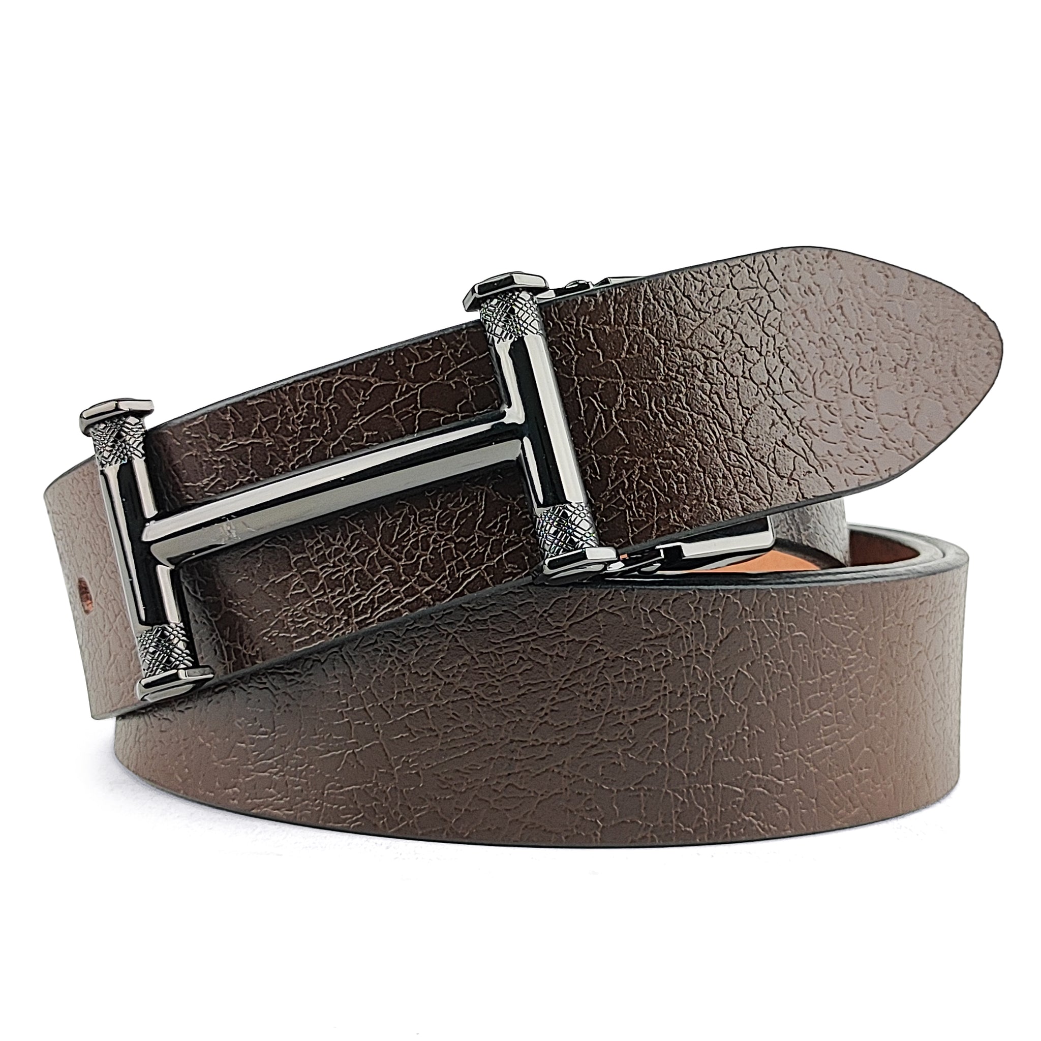 Hemener Men Metal Pin Hole Buckle Dark Brown Genuine Leather Belt