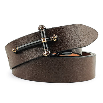 Hemener Men Metal Pin Hole Buckle Dark Brown Genuine Leather Belt