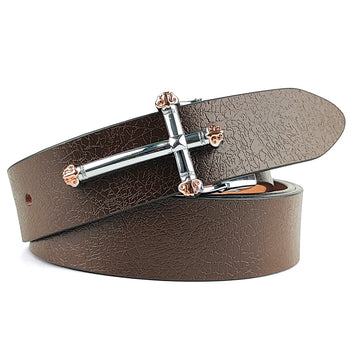 Hemener Men Metal Pin Hole Buckle Dark Brown Genuine Leather Belt