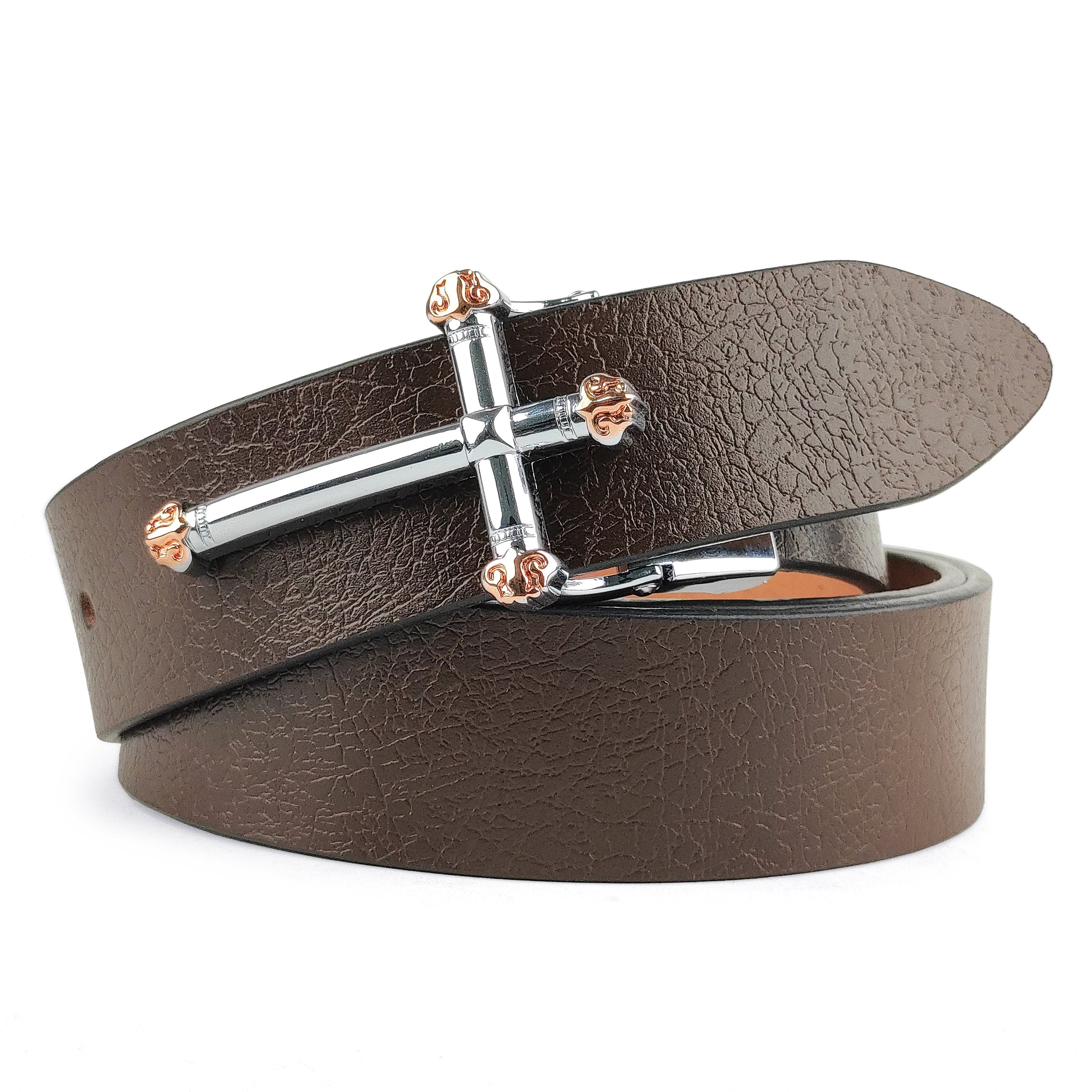 Hemener Men Metal Pin Hole Buckle Dark Brown Genuine Leather Belt