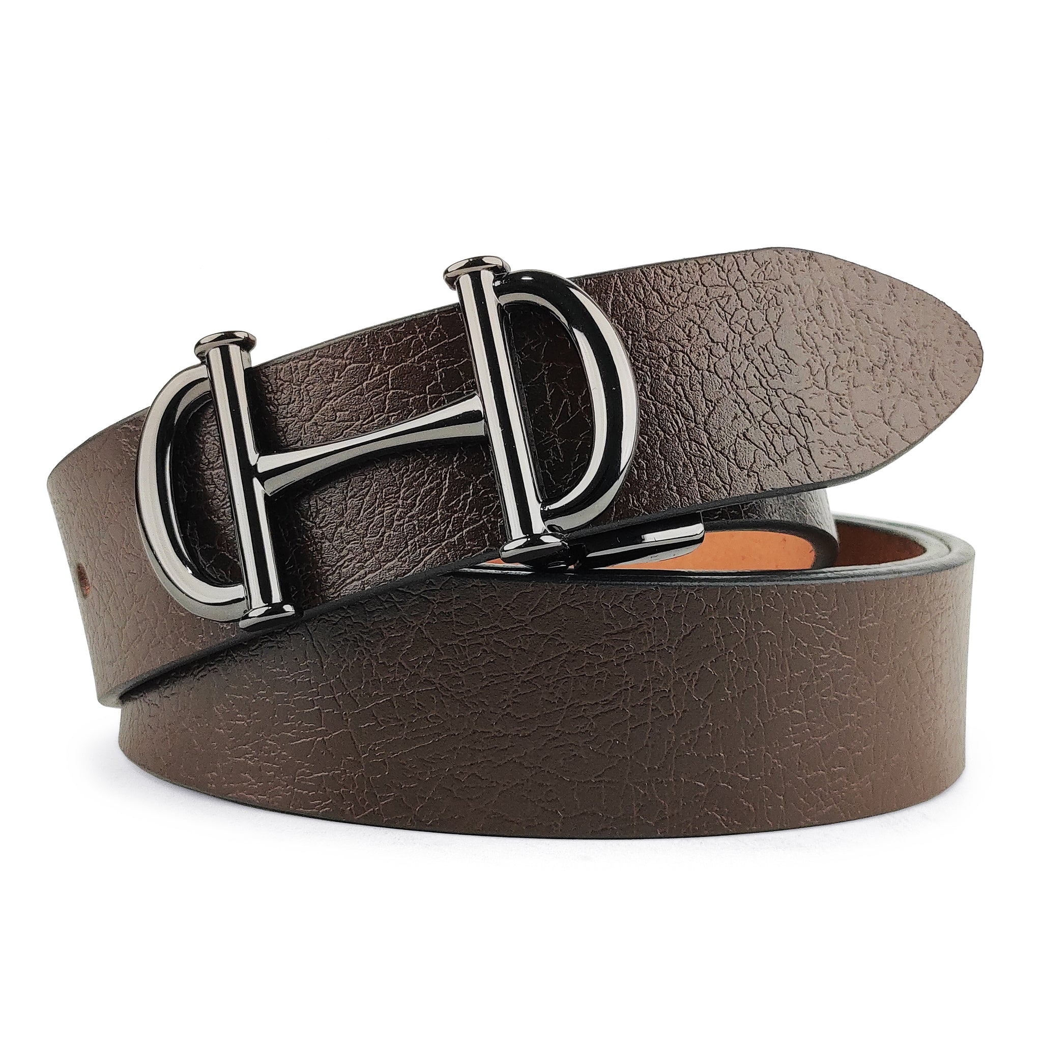 Hemener Men Metal Pin Hole Buckle Dark Brown Genuine Leather Belt