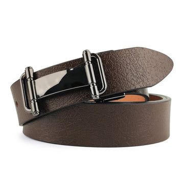 Hemener Men Metal Pin Hole Buckle Dark Brown Genuine Leather Belt