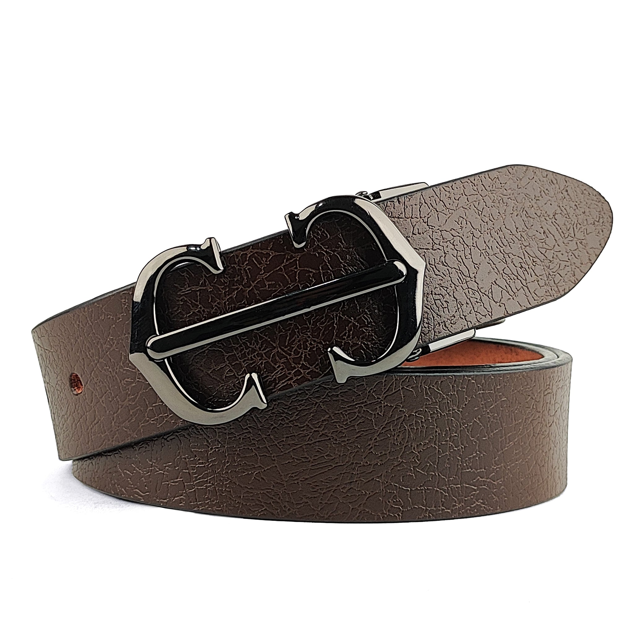 Hemener Men Metal Pin Hole Buckle Dark Brown Genuine Leather Belt