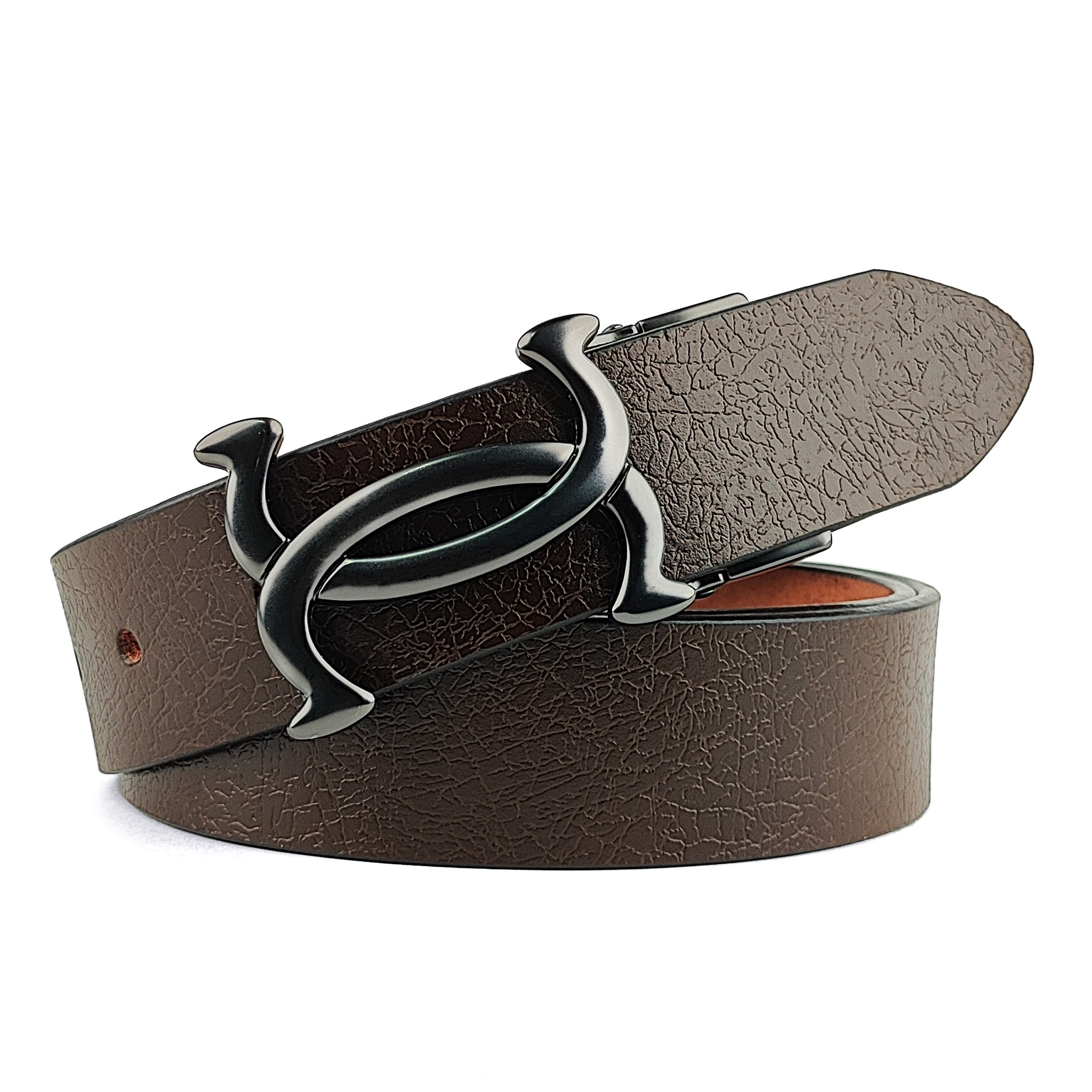 Hemener Men Metal Pin Hole Buckle Dark Brown Genuine Leather Belt