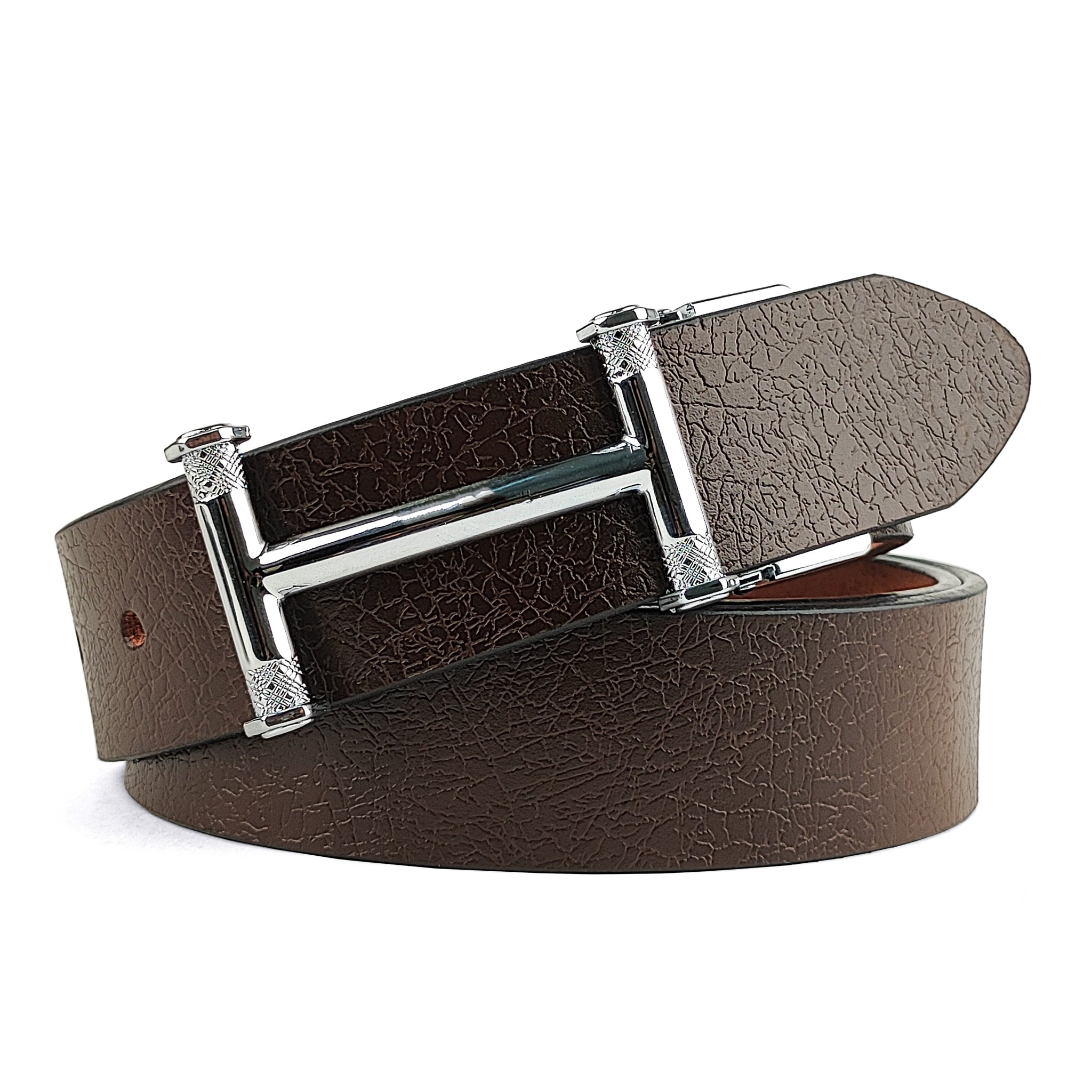 Hemener Men Metal Pin Hole Buckle Dark Brown Genuine Leather Belt