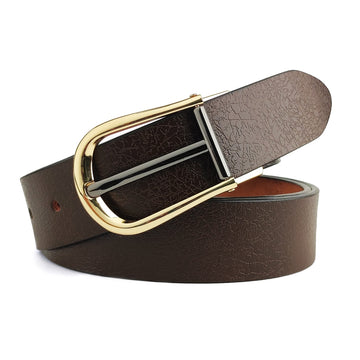 Hemener Men Metal Pin Hole Buckle Dark Brown Genuine Leather Belt