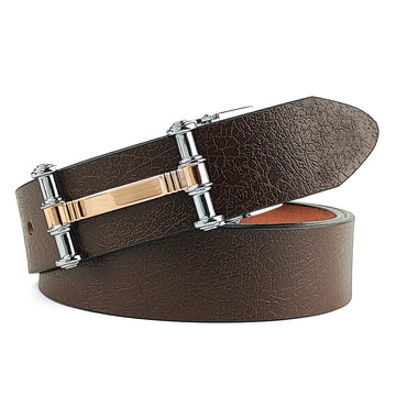 Hemener Men Metal Pin Hole Buckle Dark Brown Genuine Leather Belt