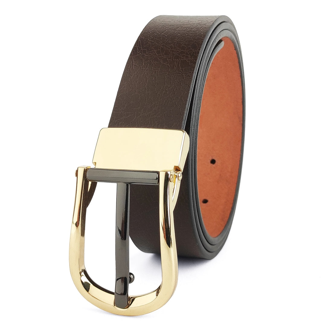 Hemener Men Metal Pin Hole Buckle Dark Brown Genuine Leather Belt