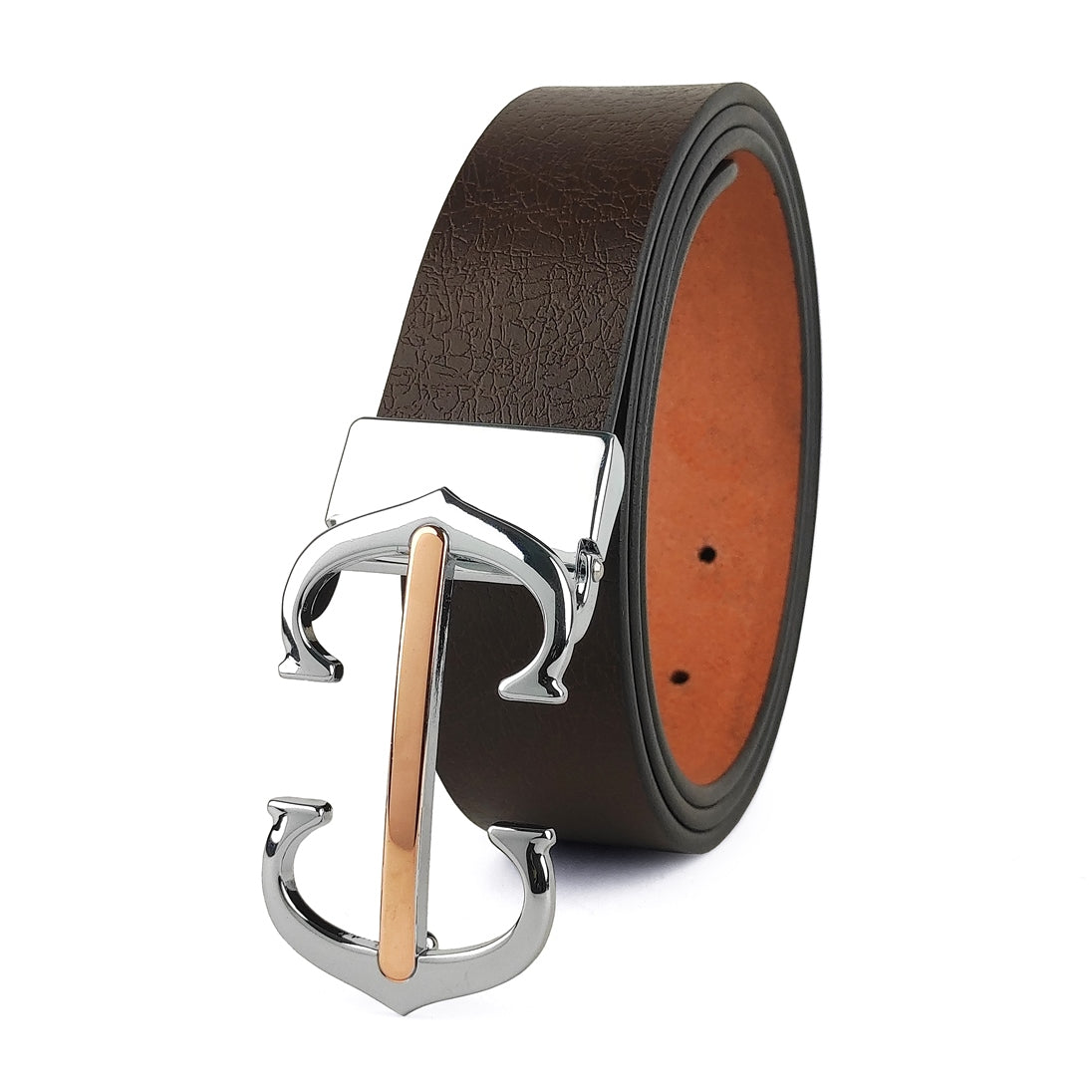 Hemener Men Metal Pin Hole Buckle Dark Brown Genuine Leather Belt