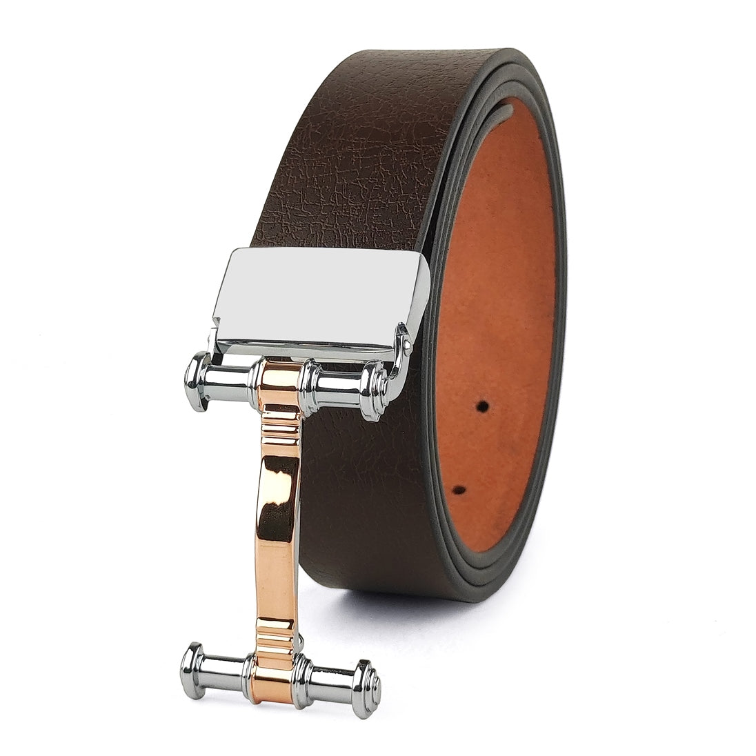 Hemener Men Metal Pin Hole Buckle Dark Brown Genuine Leather Belt