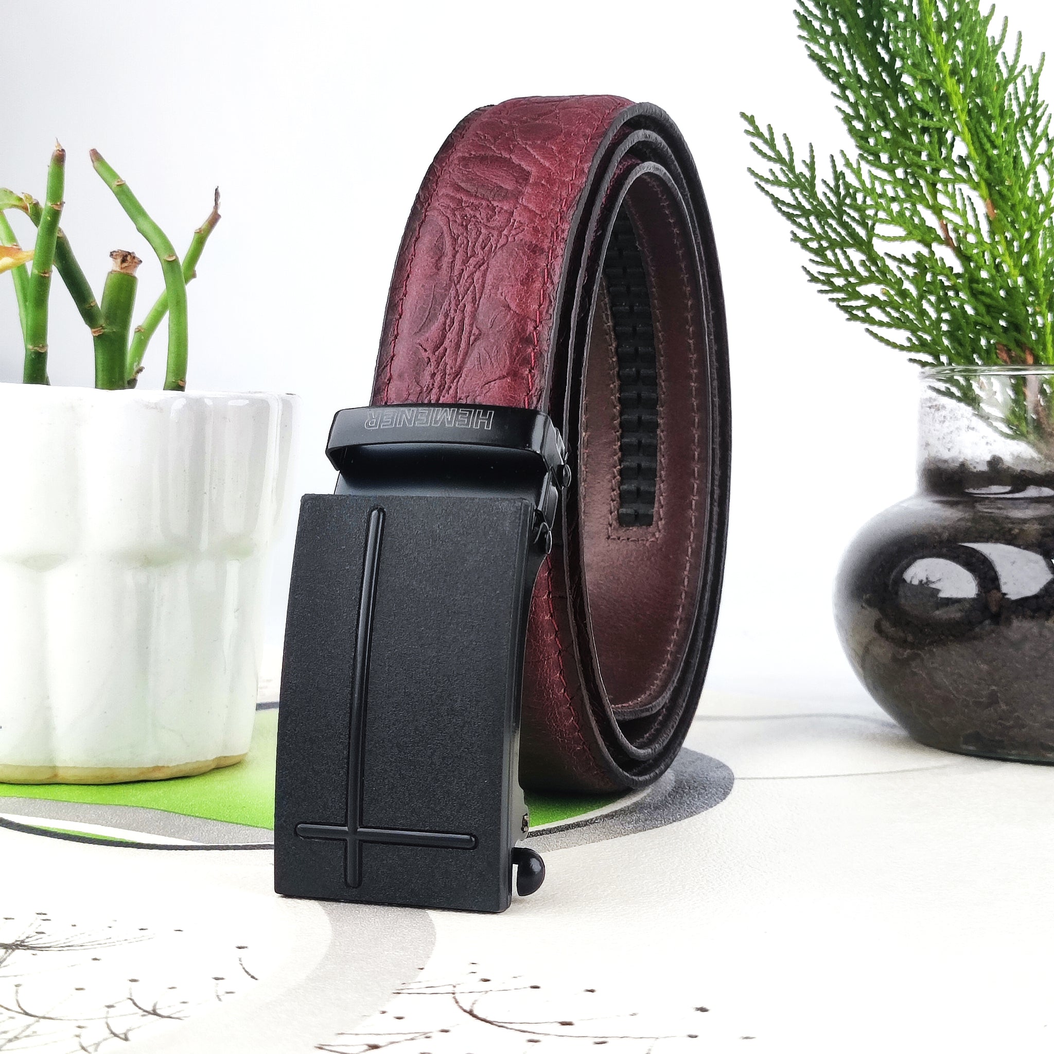 Hemener Men Metal Auto Grip Buckle Cherry Brown Croc Pattern Genuine Leather Belt