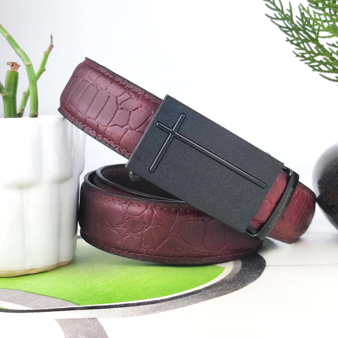 Hemener Men Metal Auto Grip Buckle Cherry Brown Croc Pattern Genuine Leather Belt