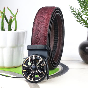 Hemener Men Metal Auto Grip Buckle Cherry Brown Croc Pattern Genuine Leather Belt