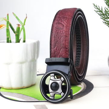 Hemener Men Metal Auto Grip Buckle Cherry Brown Croc Pattern Genuine Leather Belt