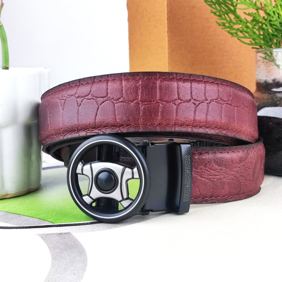 Hemener Men Metal Auto Grip Buckle Cherry Brown Croc Pattern Genuine Leather Belt